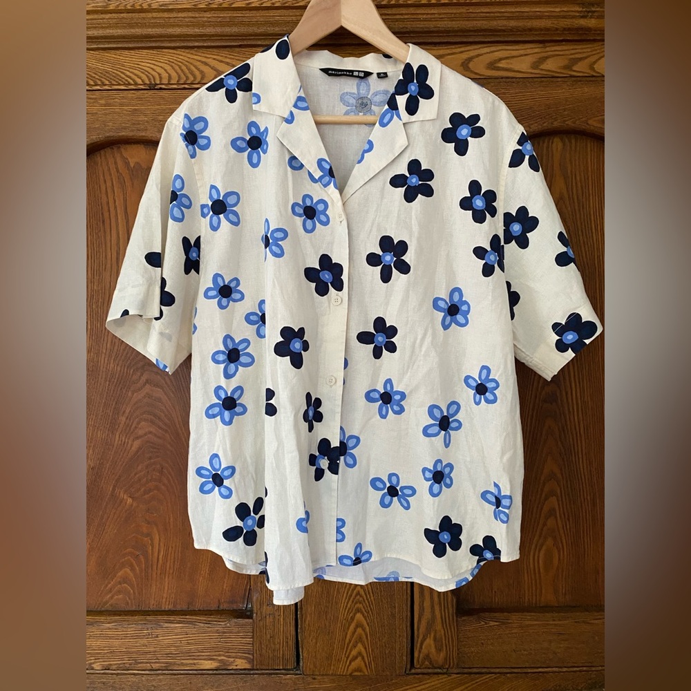 Marimekko Uniqlo XL linen floral shirt navy blue white collar short sleeve